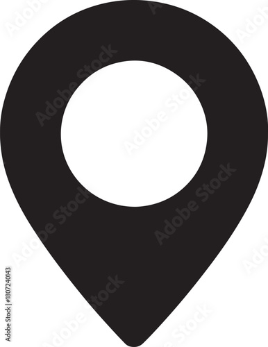 Black silhouette of a location pin icon on a white background Keywords: location, pin, map, marker, G