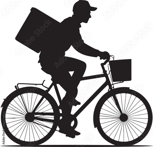 Silhouette of a delivery person riding a bicycle with a large box
