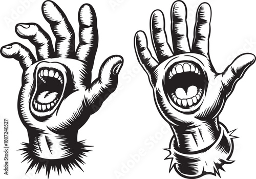 screaming monster hand illustration set with surreal horror cartoon details