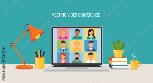 Modern workspace showing diverse team video conferencing online meeting with remote colleagues on computer screen