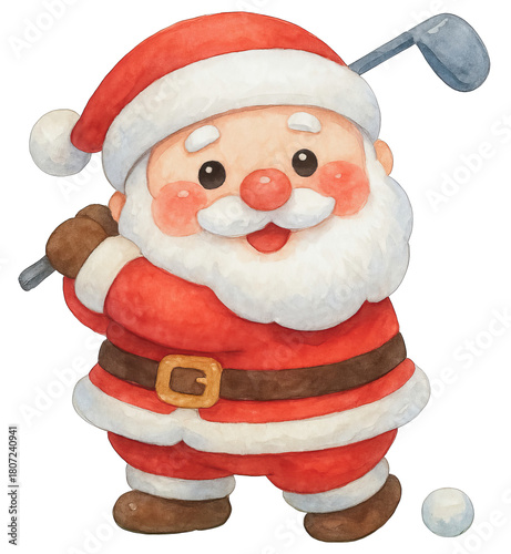 Jolly santa playing golf in festive scene with rosy cheeks and holiday cheer