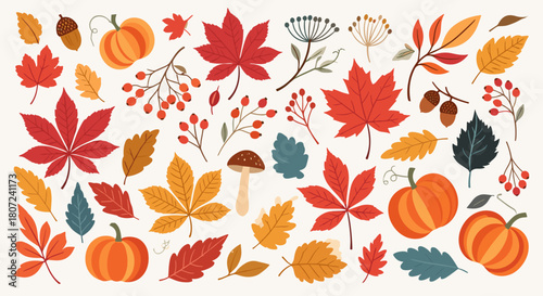 Delightful autumn harvest design elements featuring vibrant pumpkins and colorful leaves for seasonal projects