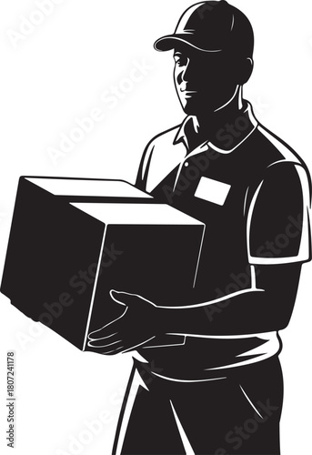 Delivery man in cap holding a package for shipping and logistics