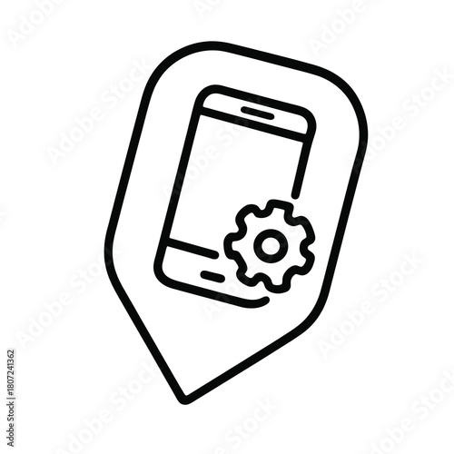 Minimal black tilted phone settings symbol within tech-style marker, fine-outline vector, no shading, perfect for app setup, system adjustments and UI management tools.
