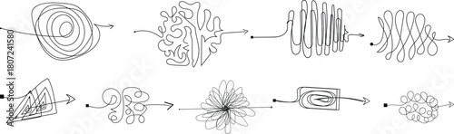 Set of messy clew symbols connected between them line of symbols with scribbled element, concept of transition from complicated to simple, isolated on white background Vector illustration