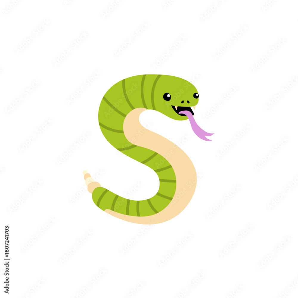 Fototapeta premium Cute Snake Shaped Like the Letter S with Light Green and Tan Stripes, and a Purple Tongue