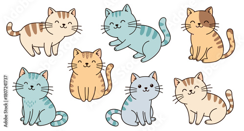 Cute colorful cats shown in playful and resting poses. Soft shapes create warm friendly atmosphere. Gentle tones add cozy positive mood