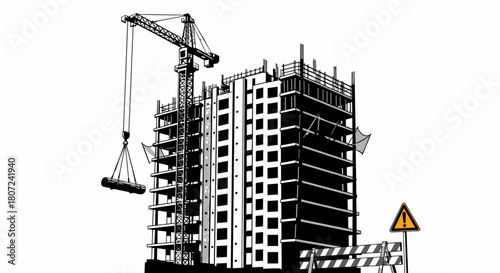 Skyscraper construction illustration with crane lifting materials for modern urban development project