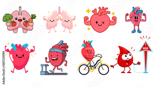 Healthy heart and lungs characters exercising, eating healthy, and monitoring blood pressure
