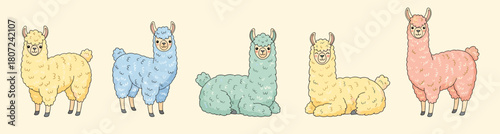 Cute alpacas shown in gentle pastel colors. Soft fluffy shapes create warm friendly feeling. Calm poses add sweet cozy character