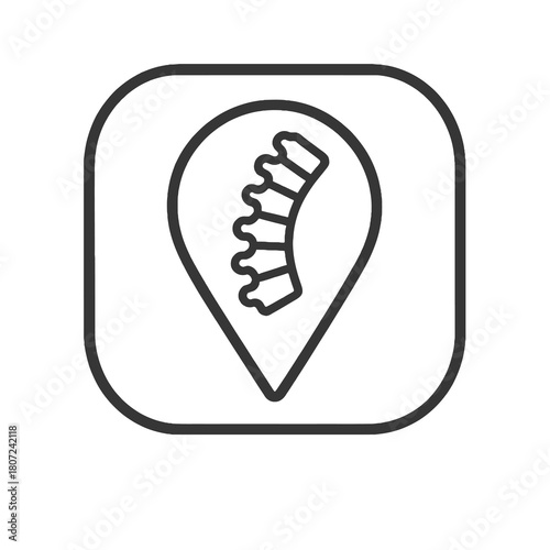 Thin-line angled spine icon inside rounded medical pin, transparent PNG, ideal for orthopedic diagnostics and spinal therapy dashboards.