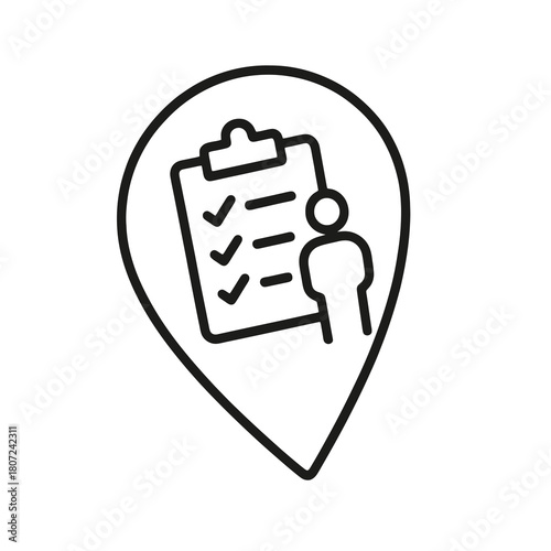 Minimal black tilted checklist with person symbol within rounded marker, fine-outline vector, no shading, perfect for business briefing and agenda management platforms.