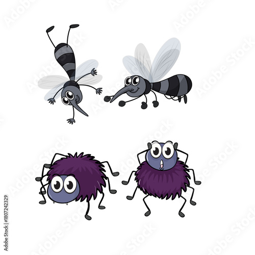 Adorable cartoon mosquitoes and furry spiders illustration set on white background