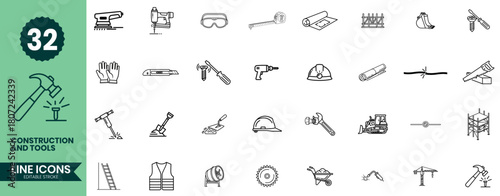 Construction and Tools Line Icons Set Outline Tool Symbols for Building, Repair, Engineering, Hardware, Safety Equipment