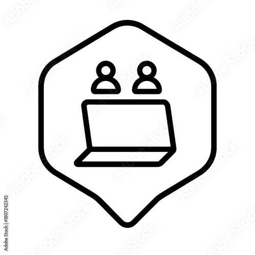Minimal black tilted online meeting symbol with laptop and user icons inside strategic marker, fine-outline vector, no shading, perfect for digital communication and team planning UI.