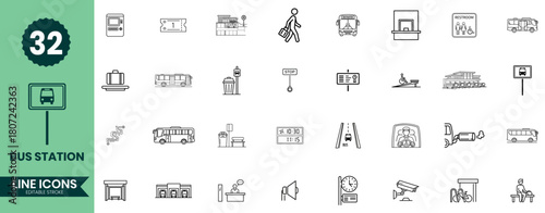 Bus Station Line Icons Set Public Transport, Bus Stop, Urban Travel Symbols