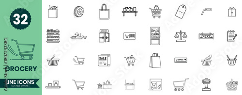 Grocery Line Icons Set Shopping Cart, Food Store, Supermarket, Retail Shop Outline Icon Pack