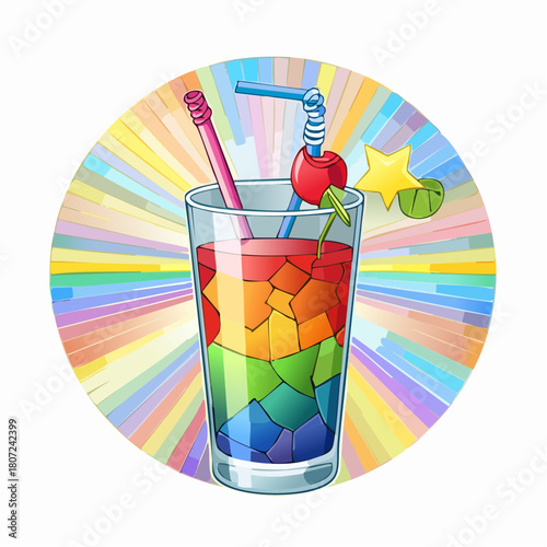 Colorful Rainbow Cocktail with Cherry and Star Garnish in a Tall Glass with a Vibrant Sunburst Background