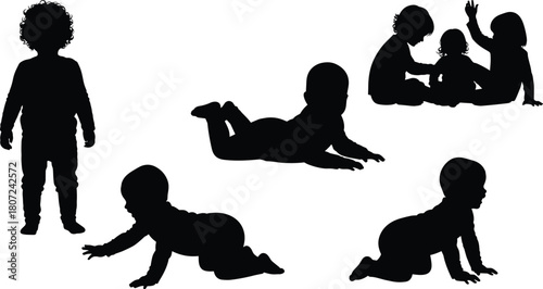 Babies and toddlers silhouettes set, vector illustration of crawling, standing and sitting kids, cute black infant figures isolated on white background.