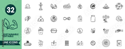 Sustainable Lifestyle Line Icons Set Eco-Friendly, Zero Waste, Recycling, Green Living Symbols