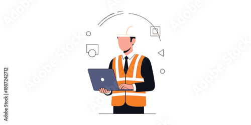 Construction Worker with Laptop - Digital Era of Building.