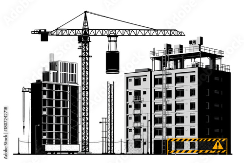 Dynamic construction site illustration with modern buildings and towering crane in black and white tones