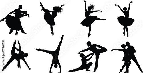Ballet and ballroom dancers silhouettes set, vector illustration of couples dancing and ballerinas jumping, artistic performance figures isolated on white background.