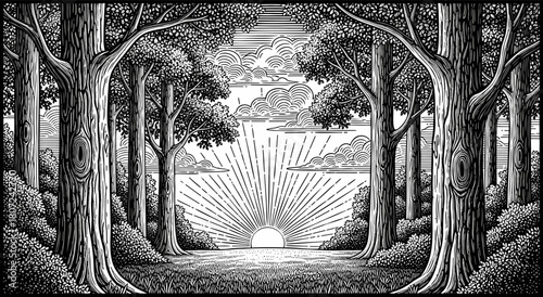 Engraved forest clearing with rising sun. Detailed textures create classic vintage feeling. Strong lines form expressive peaceful landscape