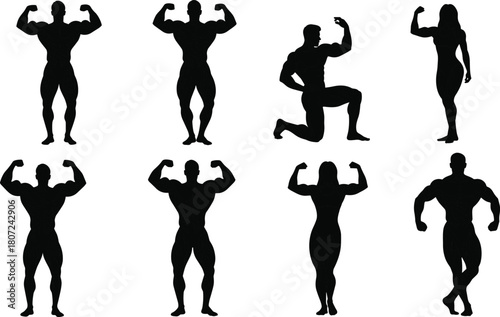 Black silhouettes of muscular men and women bodybuilders posing and flexing, vector illustration isolated on white background, for fitness, gym and workout concepts