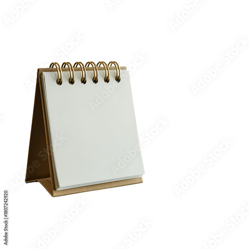 A blank desk calendar with a golden spiral binding isolated on transparent background