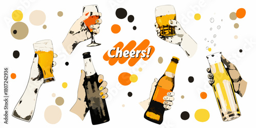 Cheers celebration hands holding beer bottles and glasses with abstract background
