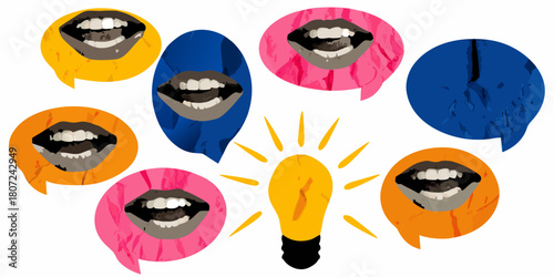 Colorful speech bubbles with mouths and a lightbulb for ideas