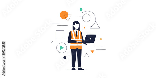 Illustration of a female engineer working on a laptop.