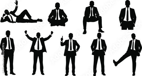 Businessman silhouettes set, vector illustration collection of man in suit standing, sitting, meditating and celebrating success, corporate figures isolated on white background.