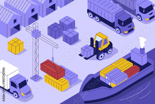 Global logistics, shipping vector. Cargo ship at port, containers, warehouse. International freight transportation concept. Isometric illustration.