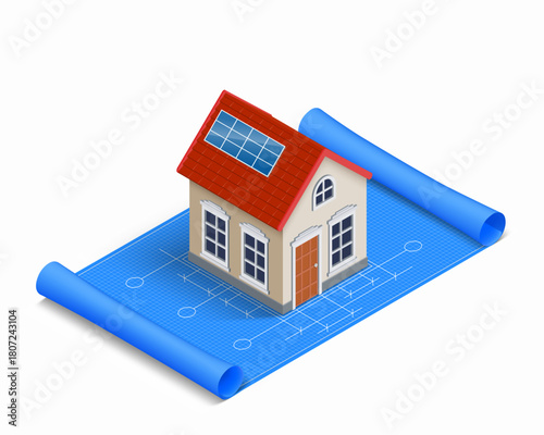 Miniature house building on blueprint paper. Architectural construction project. Vector three dimensional illustration.