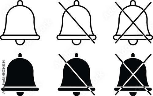 Enabled And Muted Notification Bell Alert Silence Off Mode Vector Silhouette and Pictogram..eps