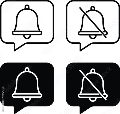 Enabled And Muted Notification Bell In Speech Bubble Vector Silhouette and Pictogram..eps