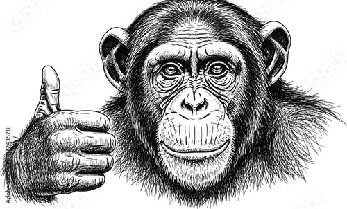 Photography Chimpanzee showing thumbs up gesture, hand drawn sketch vector illustration of monkey face isolated on white background for retro logo design