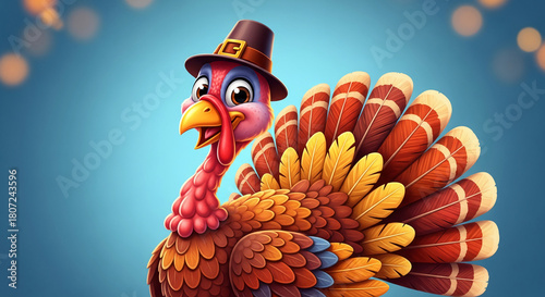 Cartoon turkey with pilgrim hat, feathers with orange, yellow and brown color, against blue background, represents Thanksgiving and festive mood