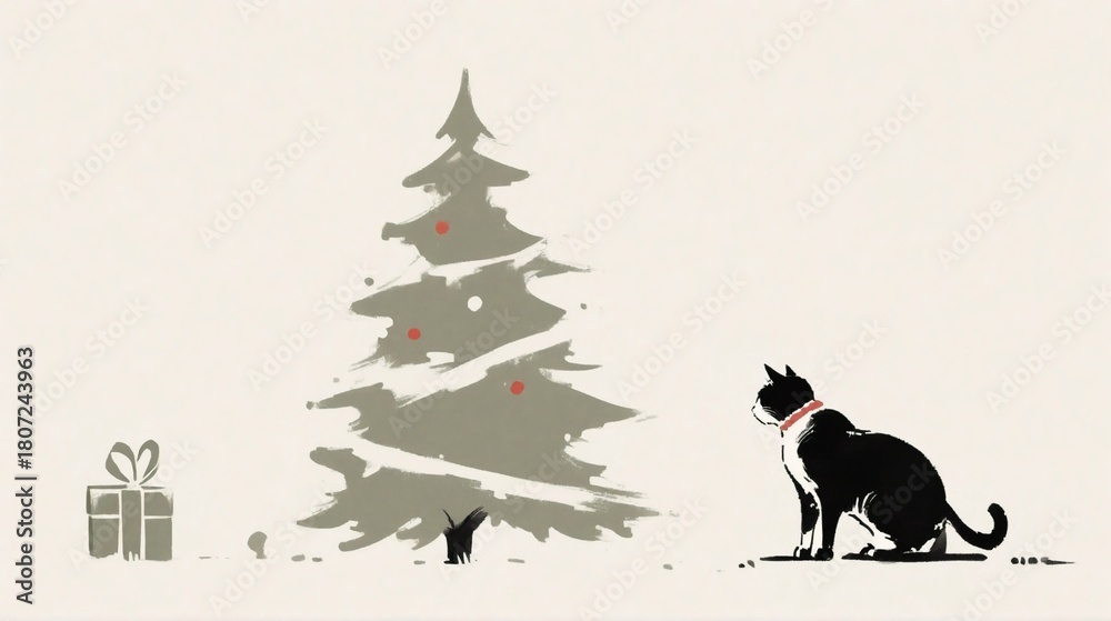 Obraz premium Minimal Christmas Tree and Black Cat Illustration with Gift Box
