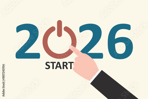 Businessman hand pushing red button to start up new business in 2026. Launch startup company in 2026, improvement, change management. Business development