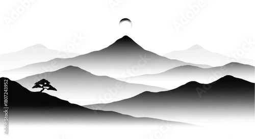 Serene misty mountain landscape with a solitary tree and crescent moon.