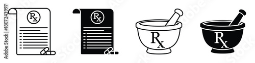 RX icon in linear and clipart style pack on white background.