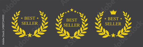 Best seller icons or logo set. Commerce signs template, elegant banner. Award laurel wreath. Best Choice or reward labels on dark background