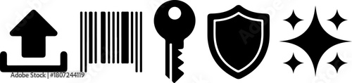 Upload symbol barcode key shield sparkle icons representing concepts like data management privacy encryption security protection design