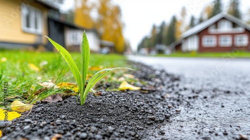 Fototapeta Naklejka Na Ścianę i Meble -  Moles burrowing into the vibrant autumn grass near charming Finnish homes in a quiet neighborhood