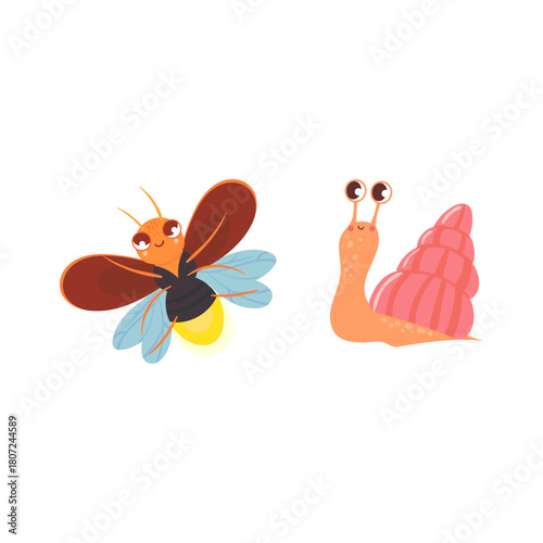 Cute Firefly and Snail Illustrations - Adorable Insects and Mollusks Friends
