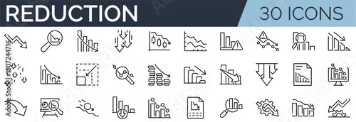 Set of 30 outline icons related to reduction. Linear icon collection. Editable stroke. Vector illustration