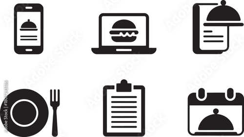 Collection of black icons for food ordering and dining services burger calendar